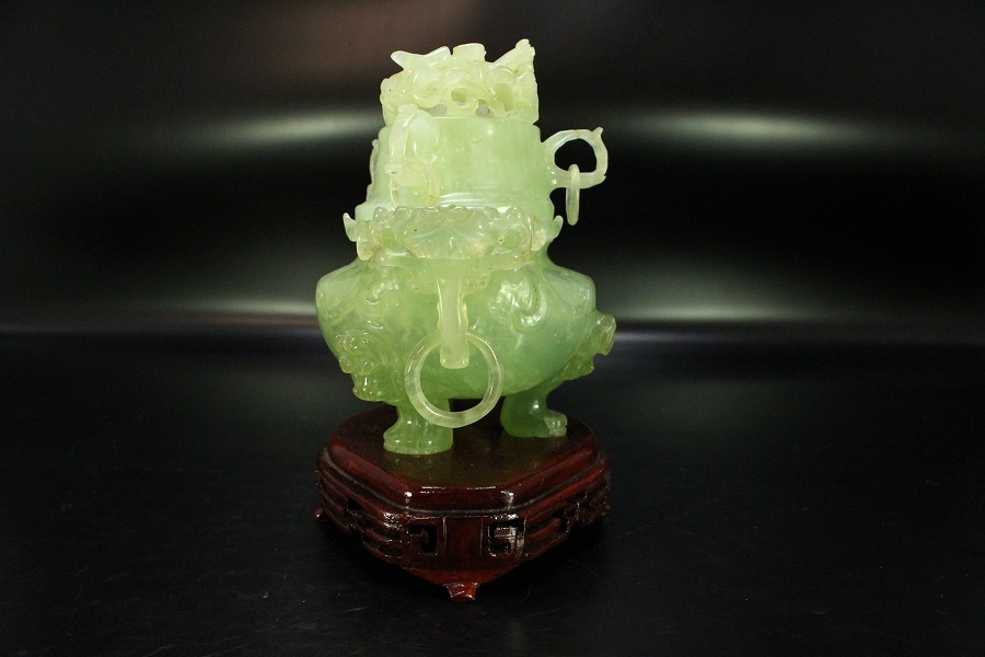中国美術 【金閣】中国美術 玉石彫刻 緑玉 三龍遊環 三足香炉 台