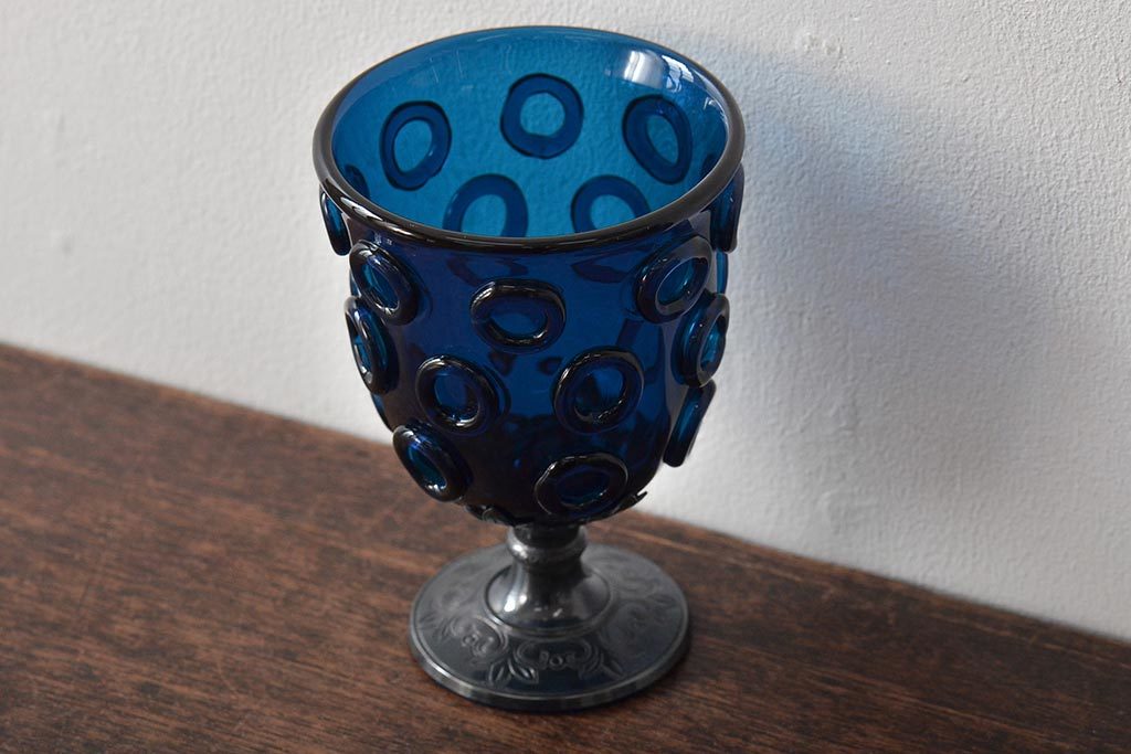 R-045729 正倉院ガラス器復元 紺瑠璃杯 純銀脚 由水常雄 重量約287g R