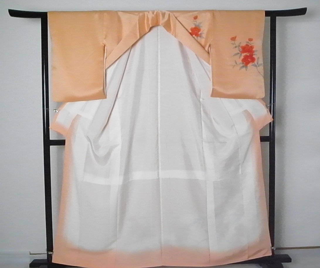 【着物のちさと屋】　着物・付下げ 袷　極美品　正絹なし地ちりめん　柿色地・裾ぼかし花茎図柄 アンティーク