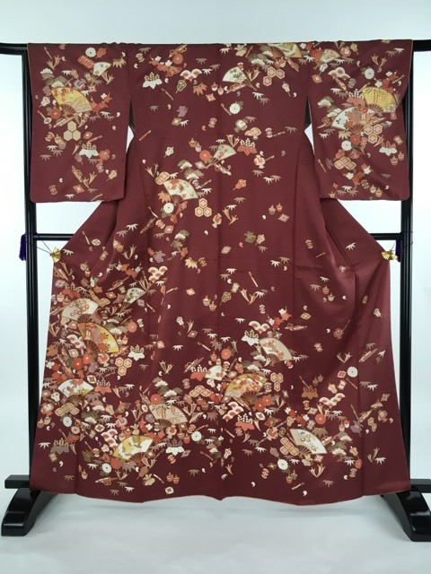 バイセル 着物 名品 訪問着 小豆色 扇 宝尽くし 松竹梅 桐 金彩 正絹 袷 163cm Mサイズ ☆☆☆☆