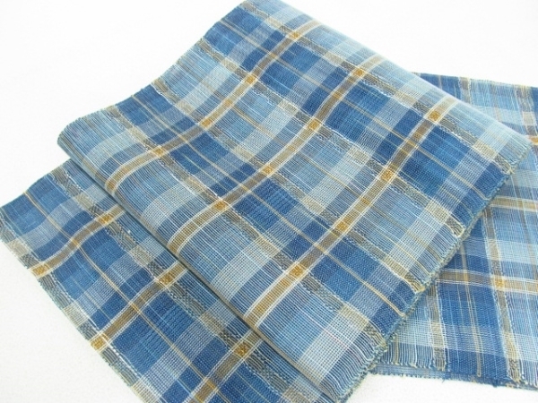 ★着物10★ 1円 化繊 名古屋帯 紗 夏物 格子 チェック 全通柄 八寸帯 長さ352cm [同梱可] ☆☆