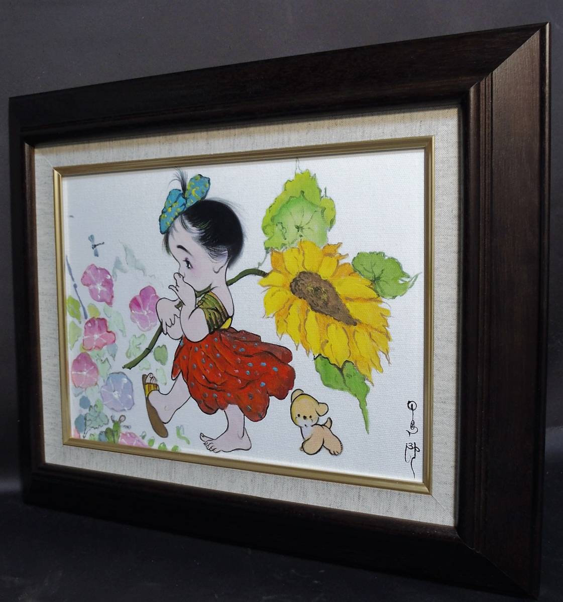 ■作者不詳・サインあり■《向日葵と少女》童子■油彩肉筆画