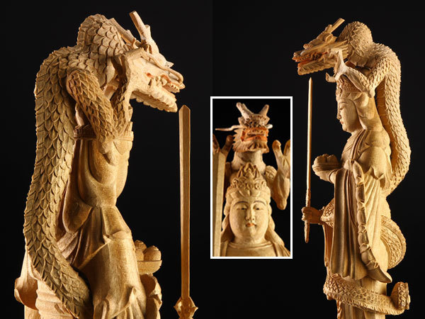 流】仏教美術 柘植彫刻 龍頭観音像 JC490 龍頭観音 木彫り仏像 30cm