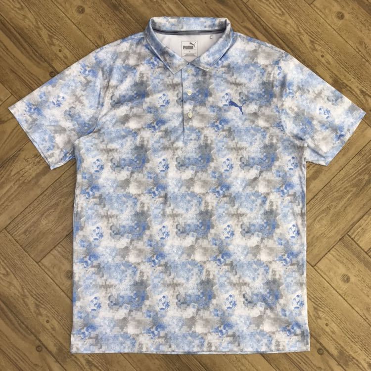 夏オススメ☆【美品】大きいサイズ PUMA GOLF プーマゴルフ 吸汗速乾 半袖ポロシャツ XL ブルー×グレー メンズ 紳士 ゴルフウェア 夏物