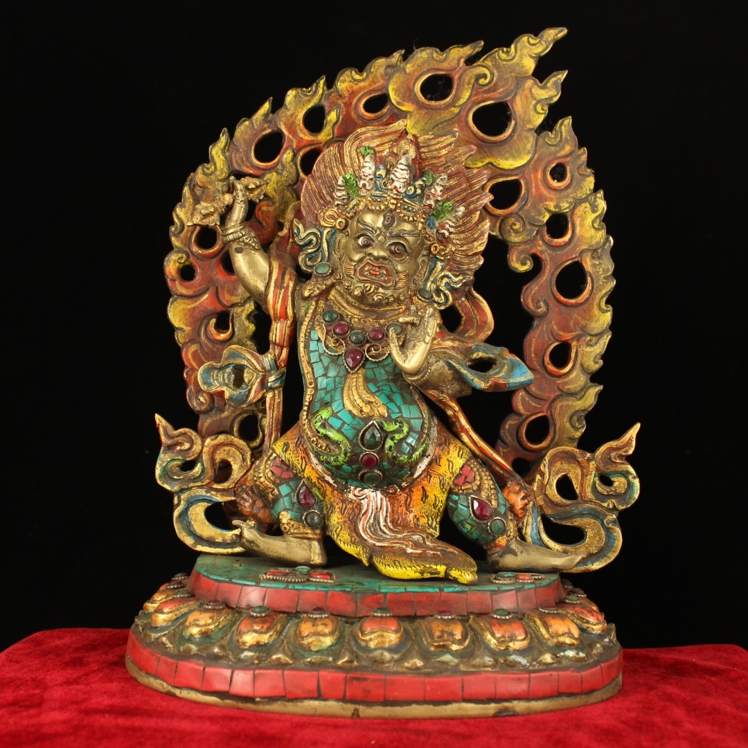 西蔵収集 老銅 手工細製 松石寶石象嵌 金剛手護法 古仏像 寺廟供養