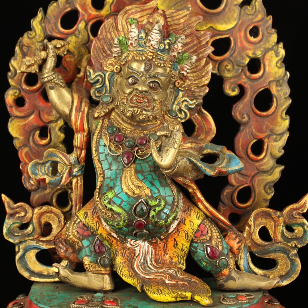 西蔵収集 老銅 手工細製 松石寶石象嵌 金剛手護法 古仏像 寺廟供養