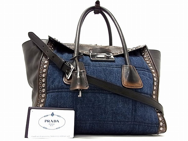 1円 □美品□ PRADA プラダ BN2669 デニム×レザー スタッズ 1円 □美品□ PRADA プラダ BN2669 デニム×レザー スタッズ
