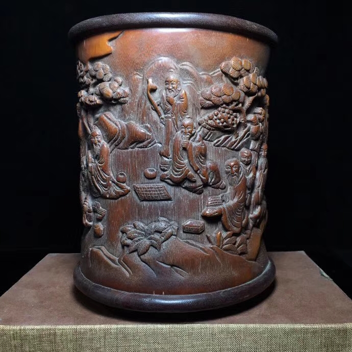 筆筒 竹製 手彫 香山九老 筆立 文房具 書道品 賞物 置物