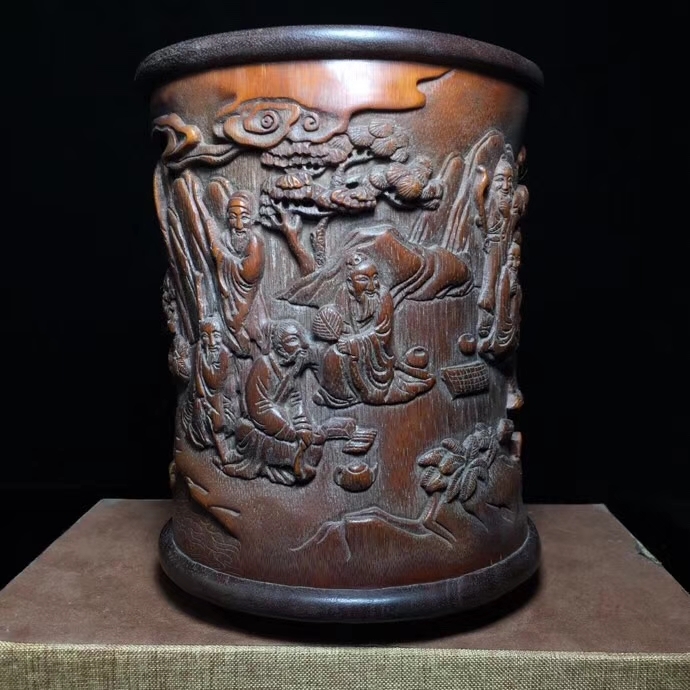 筆筒 竹製 手彫 香山九老 筆立 文房具 書道品 賞物 置物