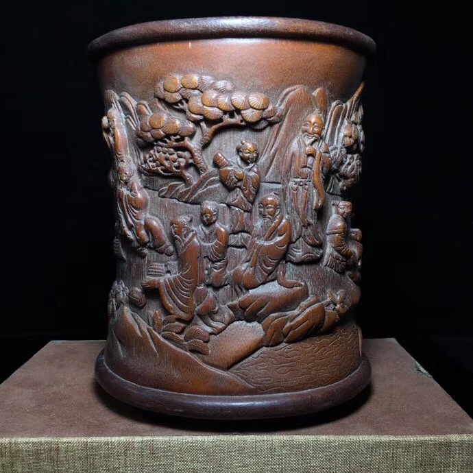 筆筒 竹製 手彫 香山九老 筆立 文房具 書道品 賞物 置物