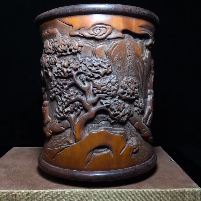 筆筒 竹製 手彫 香山九老 筆立 文房具 書道品 賞物 置物