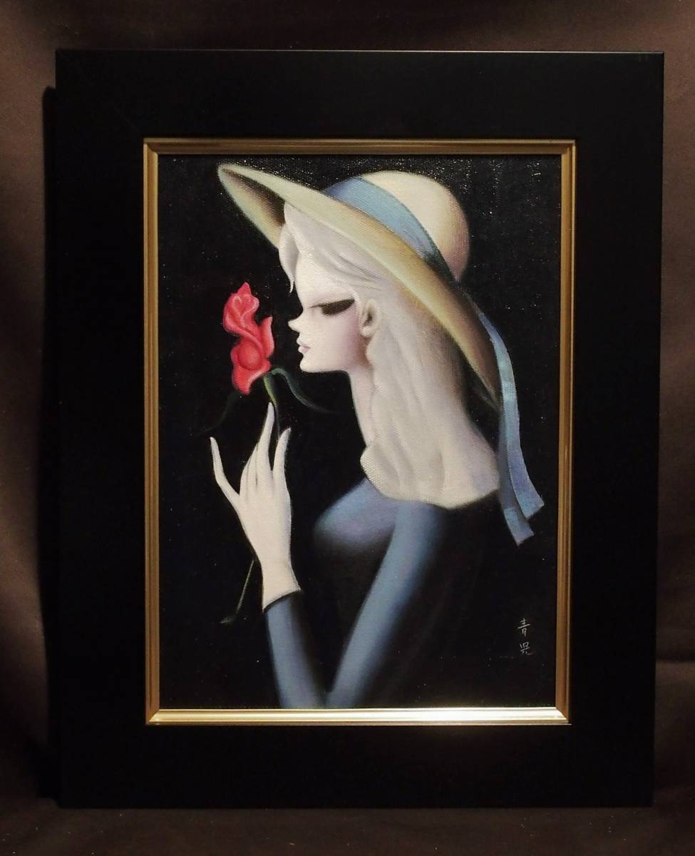 □東郷 青児□【バラ一輪】美人画□ 油彩肉筆画（模写）