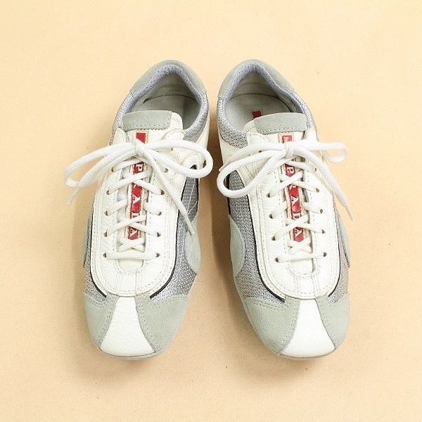 ◆PRADA SPORT/プラダスポーツ レザー レースアップ ドライビング シューズ ホワイト グレー 34 1/2