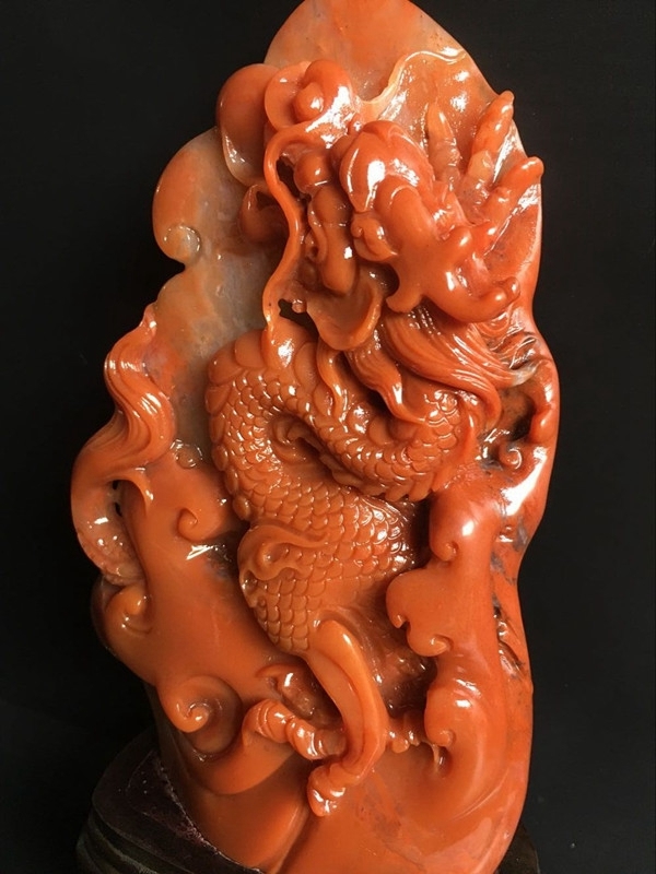 藏出 古董品 寿山石 細密彫刻 龍戲珠 觀賞品 文房置物 賞物 館蔵珍品