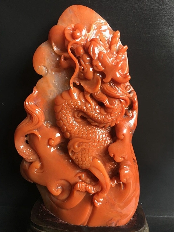 藏出 古董品 寿山石 細密彫刻 龍戲珠 觀賞品 文房置物 賞物 館蔵珍品