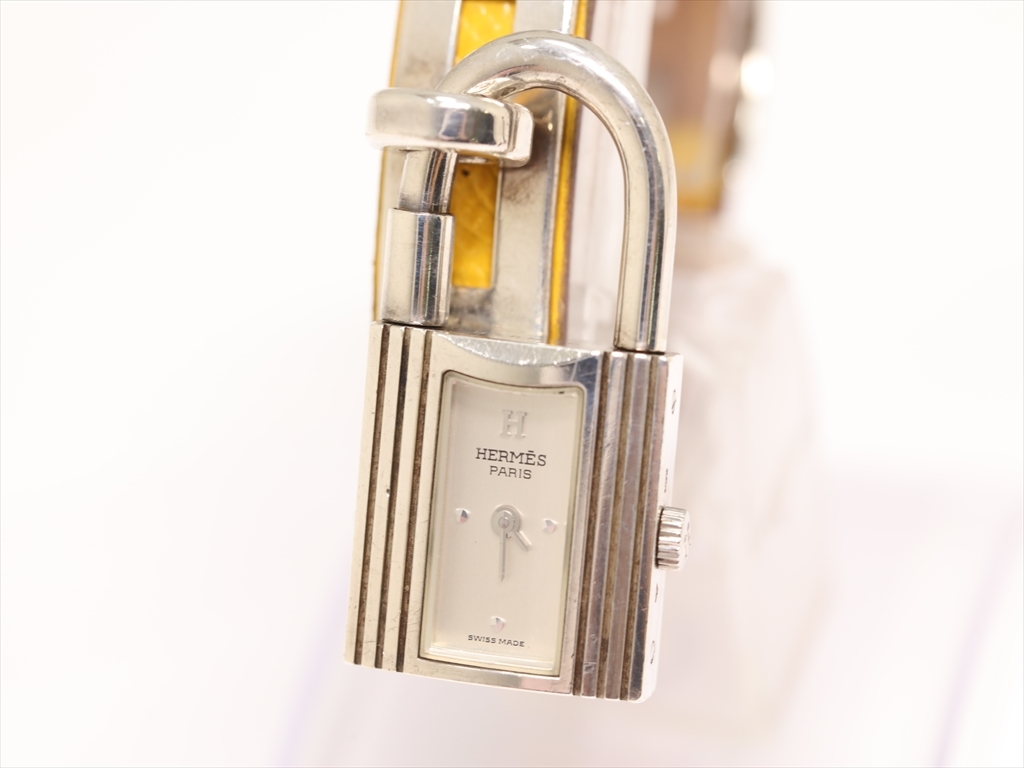 1円★稼働品【エルメス】ケリーウォッチ　SV925　レザーベルト/黄色　南京錠型　スイス製　QZ　レディース腕時計　箱付き　キ564