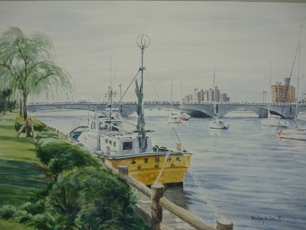 水彩画 橋のある風景(仮題) 額48×55絵29×35cm ￼ 公式 田中佐知男 橋の
