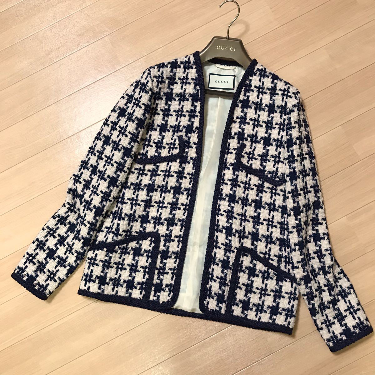 19SS】定価30万↑ GUCCI グッチ ツイード ノーカラー ジャケット 40