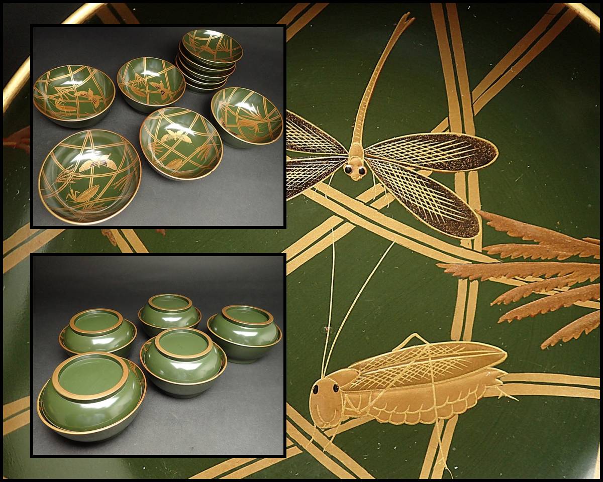 B00-72 極上蒔絵 虫づくし 吸物椀 五客 珍品 蝶 カマキリ コオロギ とんぼ サイズ 13.3cmX8.5cm