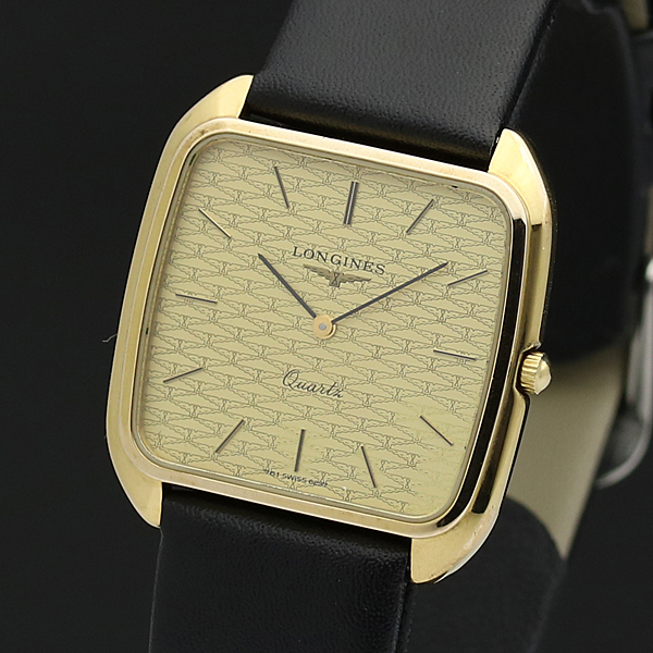 1円★正規◎外観美品【LONGINES/ロンジン】ゴールド文字盤　SS　スクエア　レザーベルト/黒　スイス製　QZ　メンズ腕時計　*142