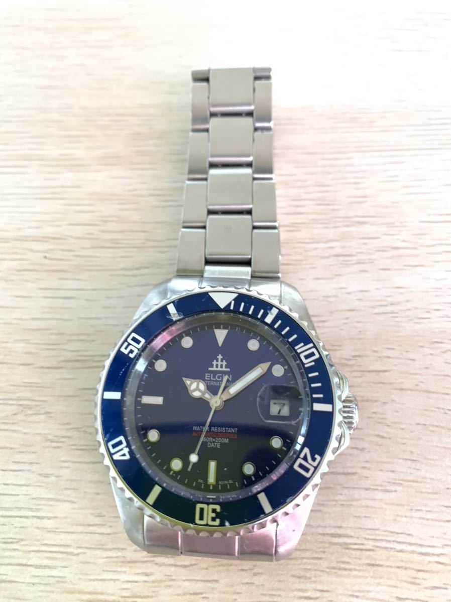 エルジン 自動巻き デイト 腕時計 ダイバー 青 ブルー メンズ 稼働