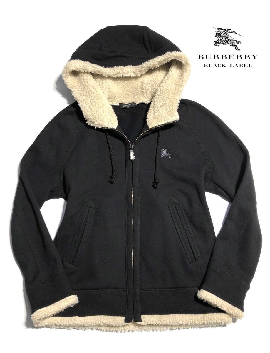 1円 極美品【名作】バーバリーブラックレーベル ボア ジップアップ パーカー 3(L) ビッグホース刺繍 着心地抜群 BURBERRY BLACK LABEL 黒 STARTER BLACK LABEL（スターターブラックレーベル） ブルゾン