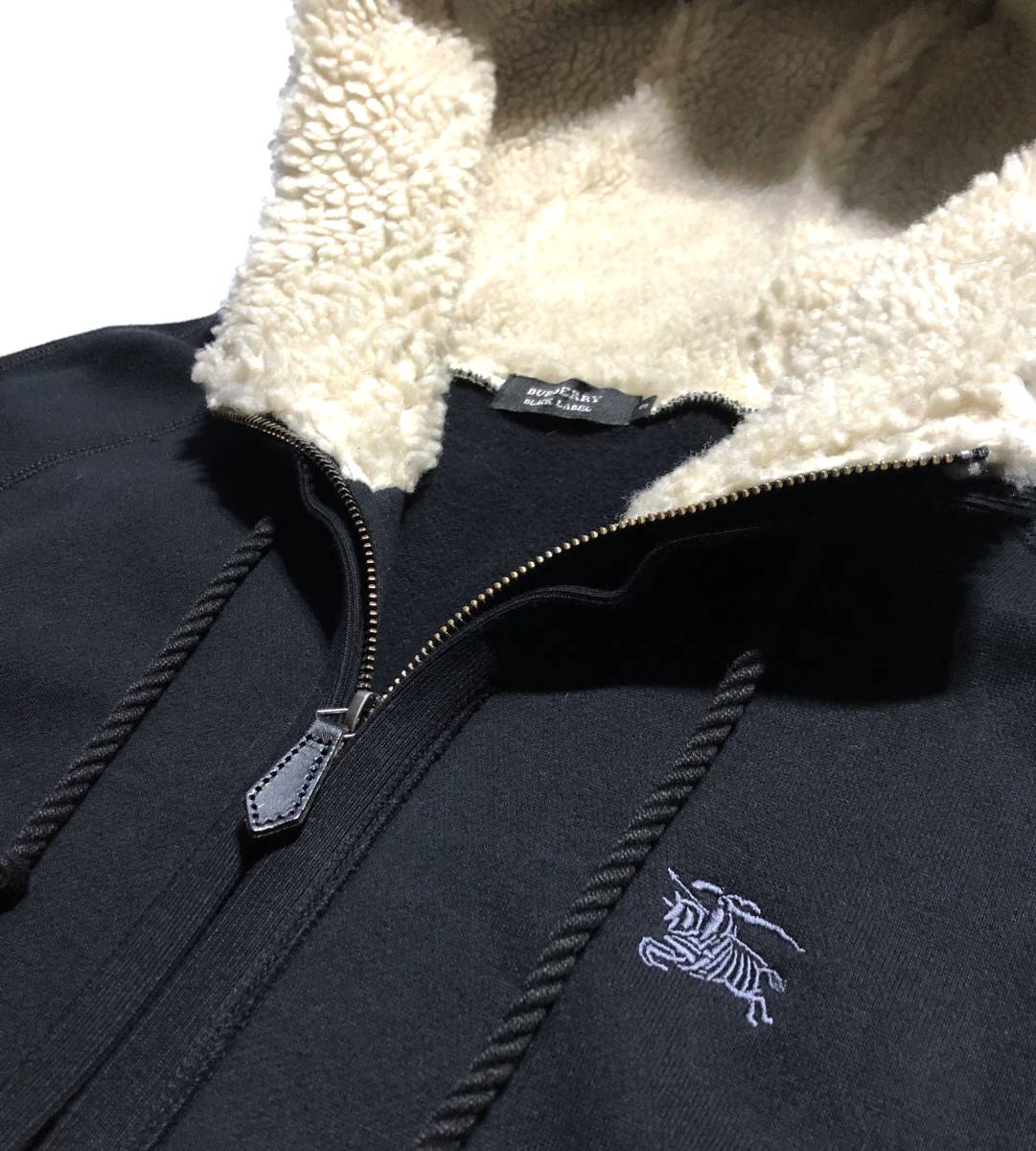 1円 極美品【名作】バーバリーブラックレーベル ボア ジップアップ パーカー 3(L) ビッグホース刺繍 着心地抜群 BURBERRY BLACK LABEL 黒 STARTER BLACK LABEL（スターターブラックレーベル） ブルゾン