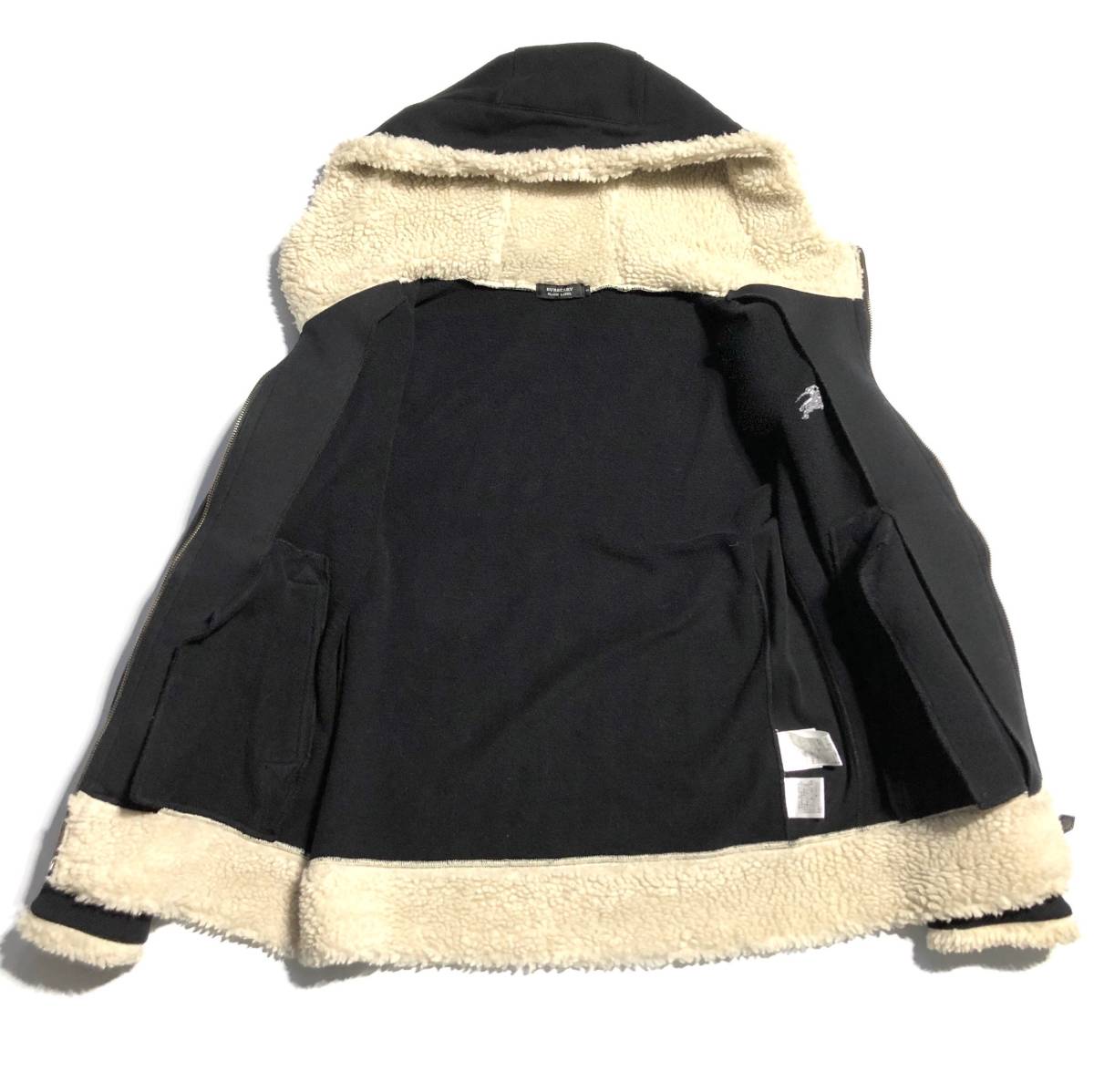 1円 極美品【名作】バーバリーブラックレーベル ボア ジップアップ パーカー 3(L) ビッグホース刺繍 着心地抜群 BURBERRY BLACK LABEL 黒 STARTER BLACK LABEL（スターターブラックレーベル） ブルゾン