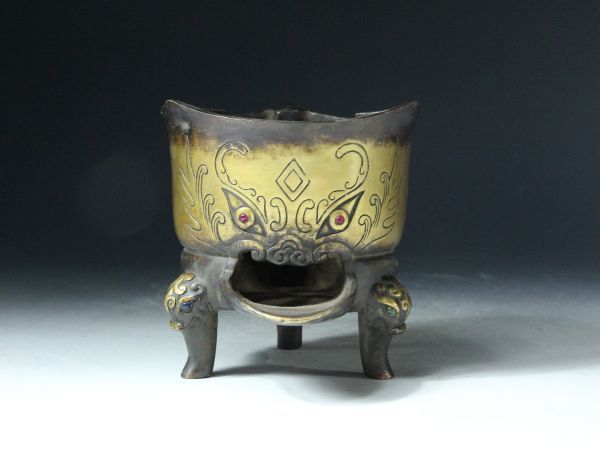 煎茶 古銅 鬼面 涼炉 煎茶 古銅 鬼面 涼炉 工芸品 時代 中国 古銅 鬼面 涼炉