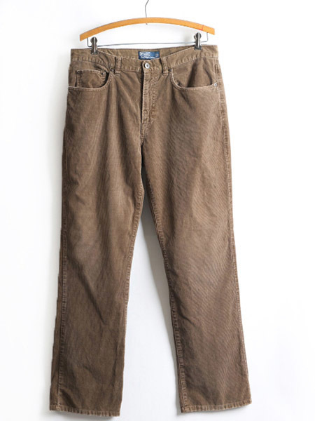 ■ POLO ポロ ラルフローレン 5ポケット 細畝 コーデュロイ パンツ ( メンズ 男性 35 x 32 ) 古着 ストレート ノータック 革パッチ 茶 無地
