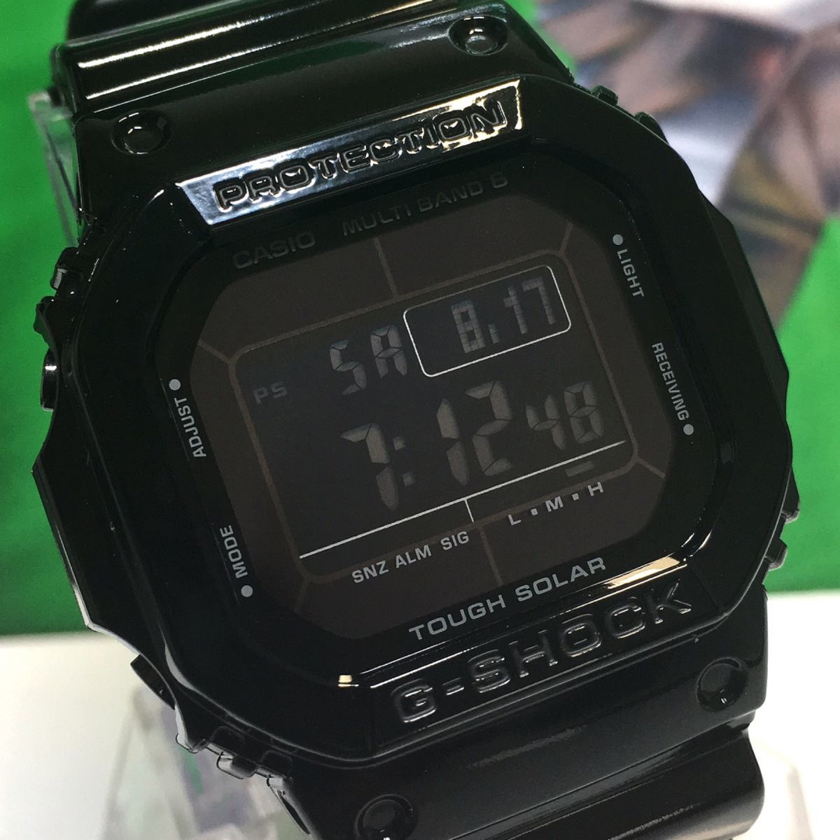 G-SHOCK/Gショック 新品 電波ソーラー 正規品 腕時計 タフソーラー スクエア 多機能 オールブラック 光沢ベルト CASIO カシオ