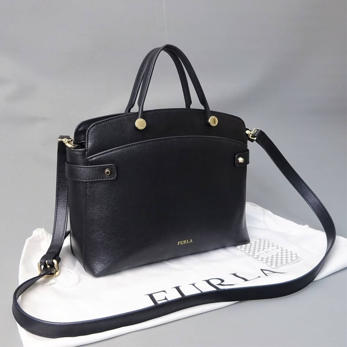 本物良品□フルラ□AGATA（アガタ）ブラック（ONYX）レザー/ゴールド 