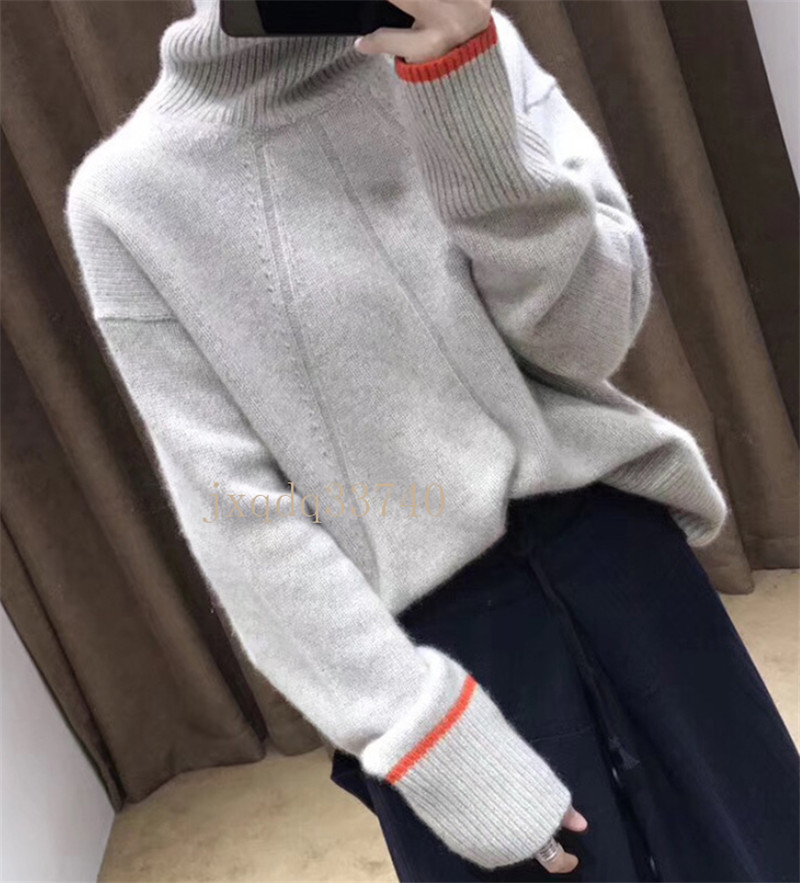 フリーサイズ カシミヤ90% 　セーター　タートルネックニット バイカラー　グレー レディー 暖かい お洒落 カジュアル Y34