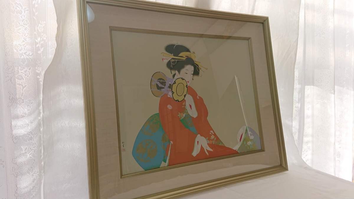 正規品 上村松園 シルクスクリーン「鼓の音」画寸 60cm×49cm 上村淳之