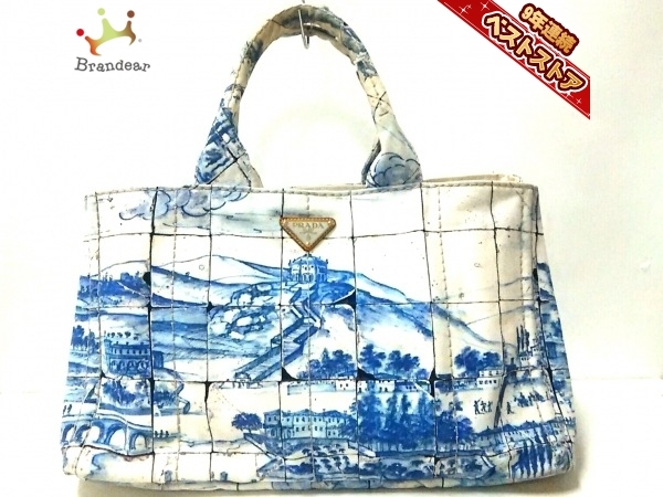 プラダ PRADA トートバッグ - キャンバス 白×ブルー バッグ プラダ PRADA トートバッグ - キャンバス 白×ブルー バッグ