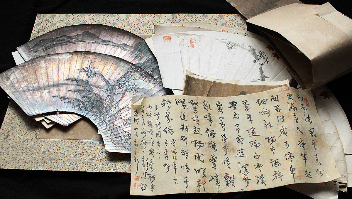 模写在銘13599 日本画 扇面 紙本 人物画 画帖 画帳 模写 象牙と黒檀 