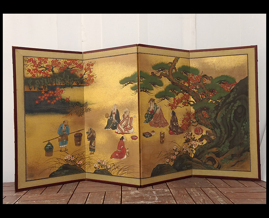 緑屋*h□四曲屏風 讃岐国 斎藤宗 筆 『秋景人物宴之図』 肉筆 日本画