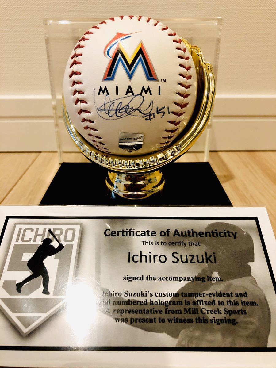 ○○イチロー直筆サイン+#51 マイアミ・マーリンズ公式ボール+ゴールド