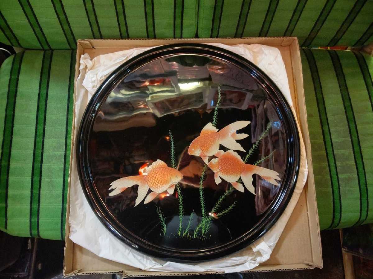 丸盆 琉球漆器 琉球角萬 昭和レトロ 琉球漆芸堆錦の盆 ）