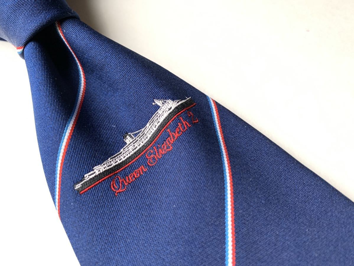 【レア品】QUEEN ELIZABETH 2 ネクタイ ネイビー 紺 レジメンタル ストライプ ENGLAND製 美品