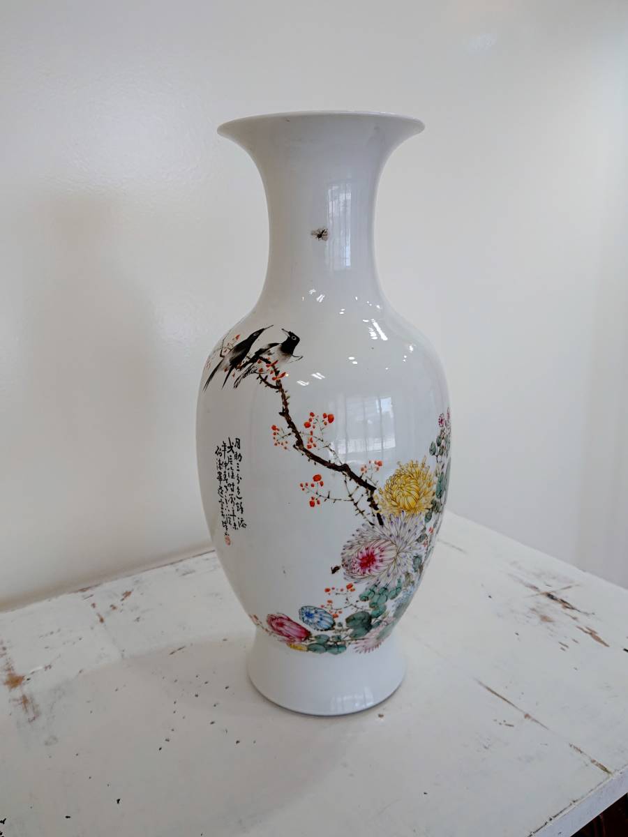 人気定番，本物保証 中国花器 白磁花瓶「花鳥」⌒◇⌒ 40年程前