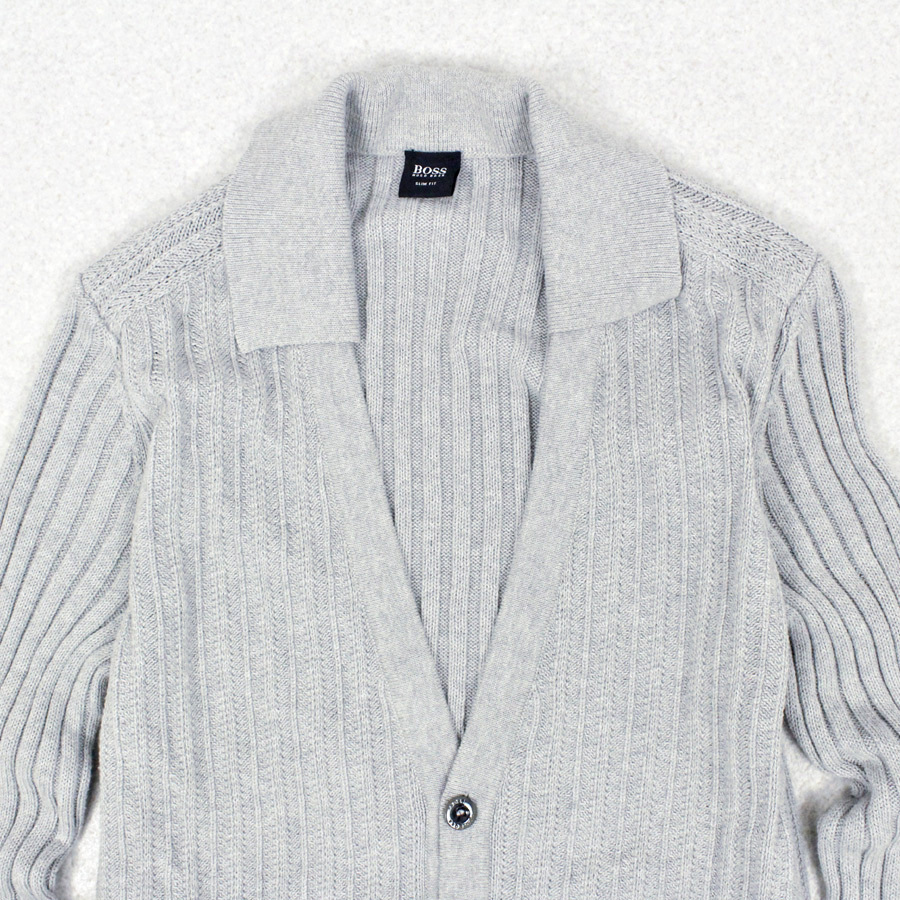 メンズ 美品 トルコ製 HUGO BOSS ヒューゴボス 春夏 コットン リブニット スキッパーカラー カーディガンジャケット グレー M 国内正規品 HUGO BOSS Les EDP・SP ボス ボスの通販