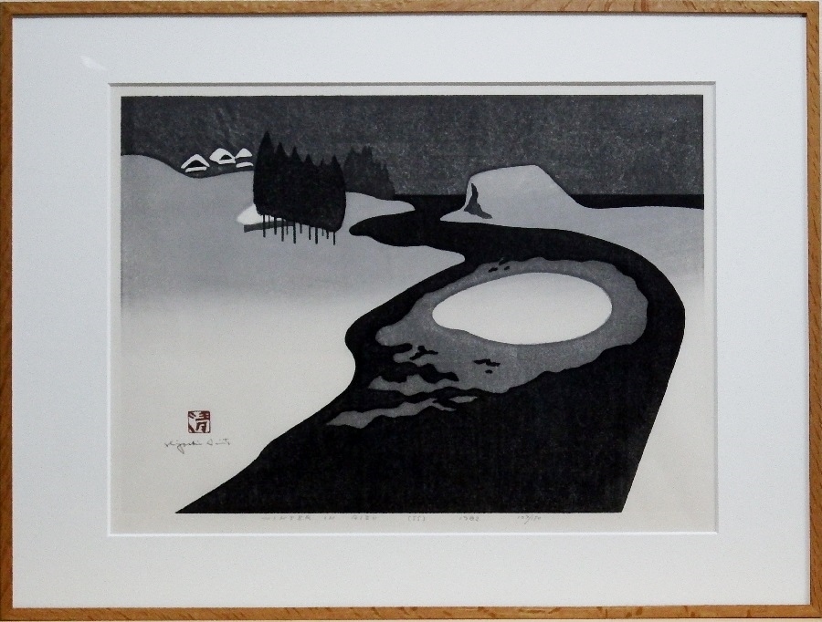 団忠Antique】斎藤清『会津の冬（55）WINTER IN AIZU』真作保証 ed-