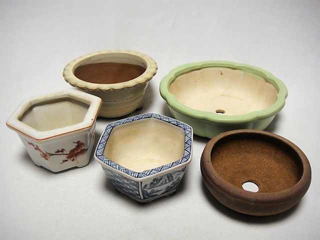 蔵出し/植木鉢まとめて5個 在銘 美山 染付 花鳥 六角鉢 丸鉢など 盆栽