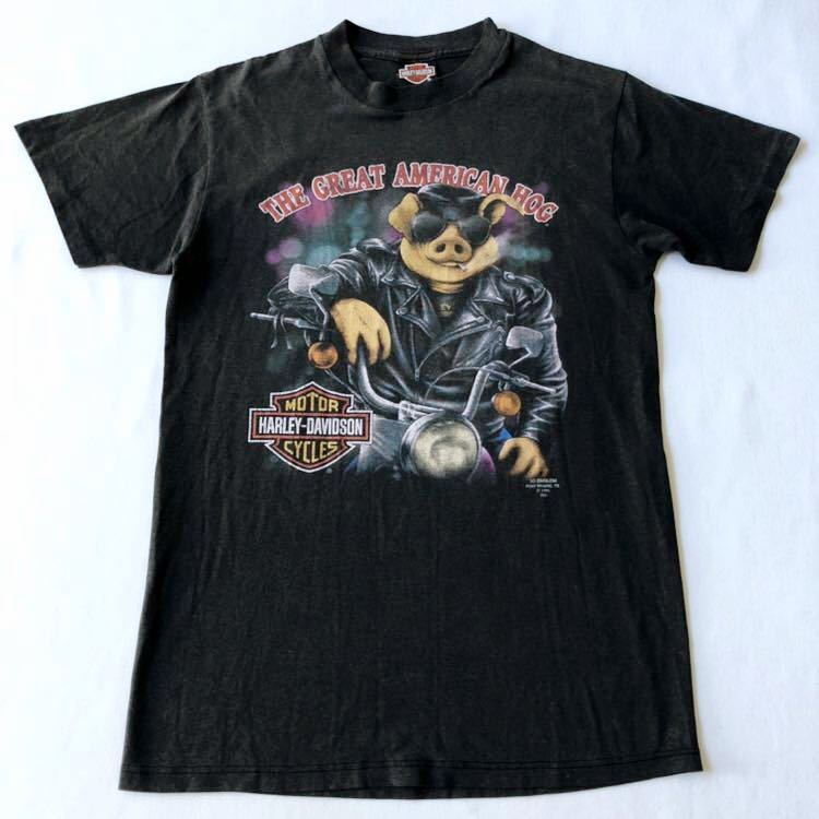 90s HARLEY DAVIDSON 3D EMBLEM 豚 Tシャツ L 黒 USA製 ビンテージ 90 