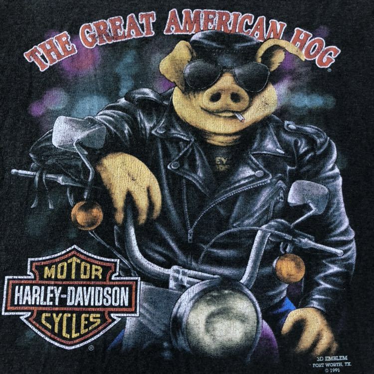 90s HARLEY DAVIDSON 3D EMBLEM 豚 Tシャツ L 黒 USA製 ビンテージ 90 