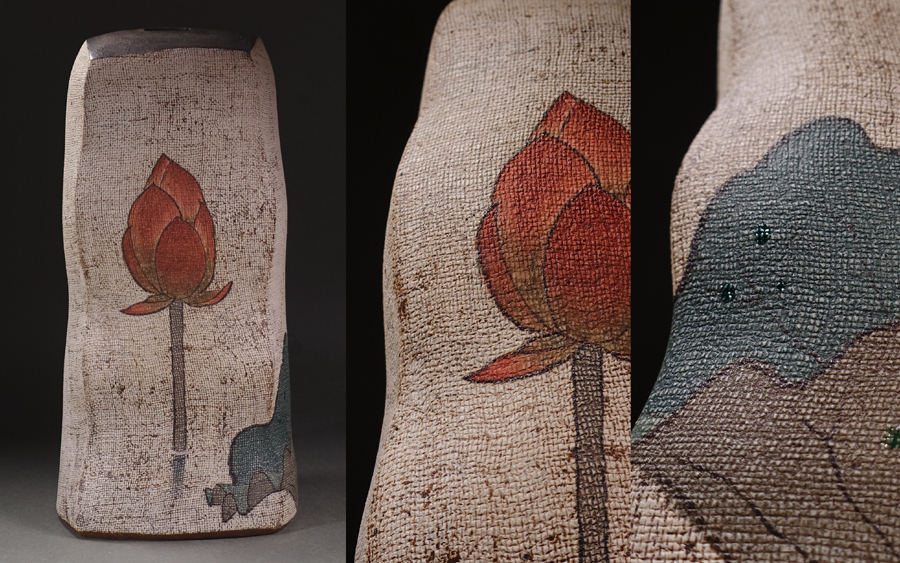 伊藤東彦 布目蓮文花瓶 【希少】 ∇花∇人気陶芸家【伊藤東彦】西武個展出品作 布目蓮文大花瓶 陽子夫人