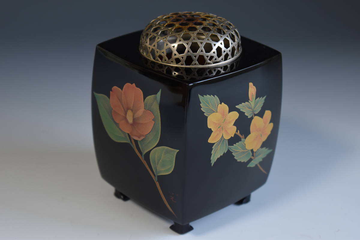 輪島塗】 蒔絵師 高名光夫 四季草花 香炉 銀網火屋 漆芸 工芸品