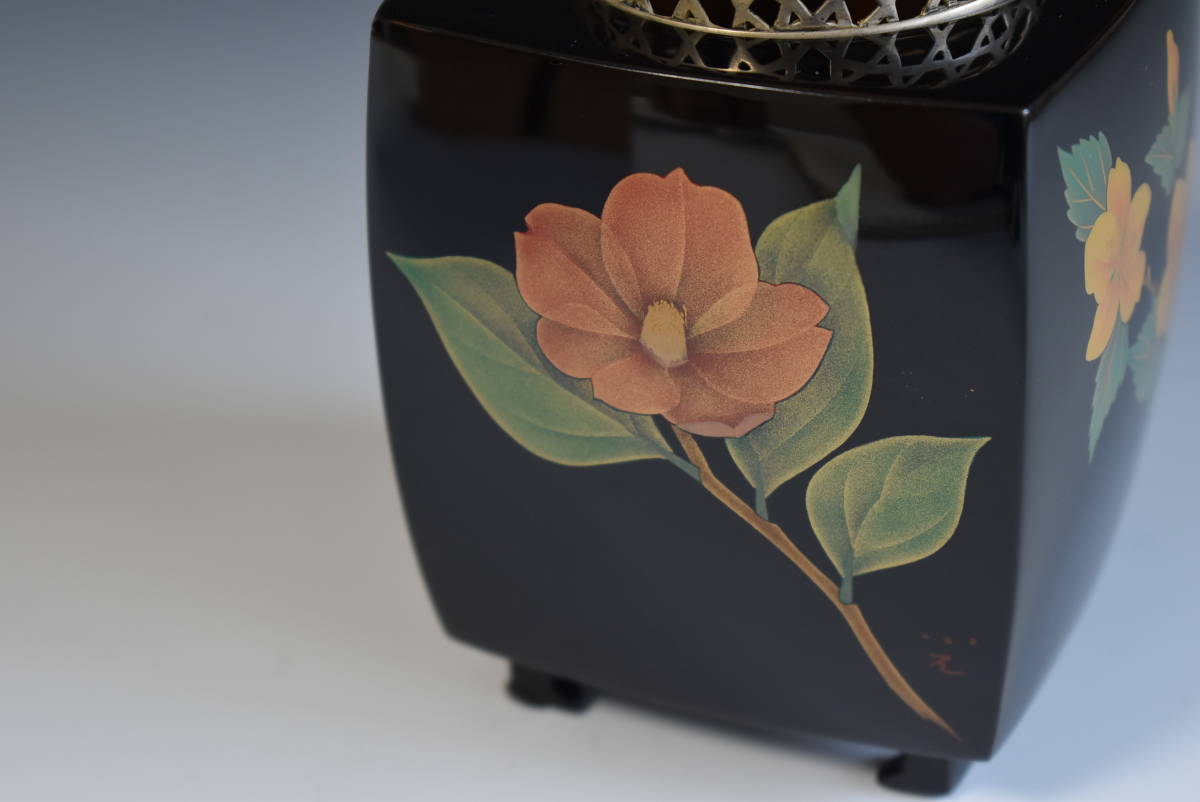 輪島塗】 蒔絵師 高名光夫 四季草花 香炉 銀網火屋 漆芸 工芸品