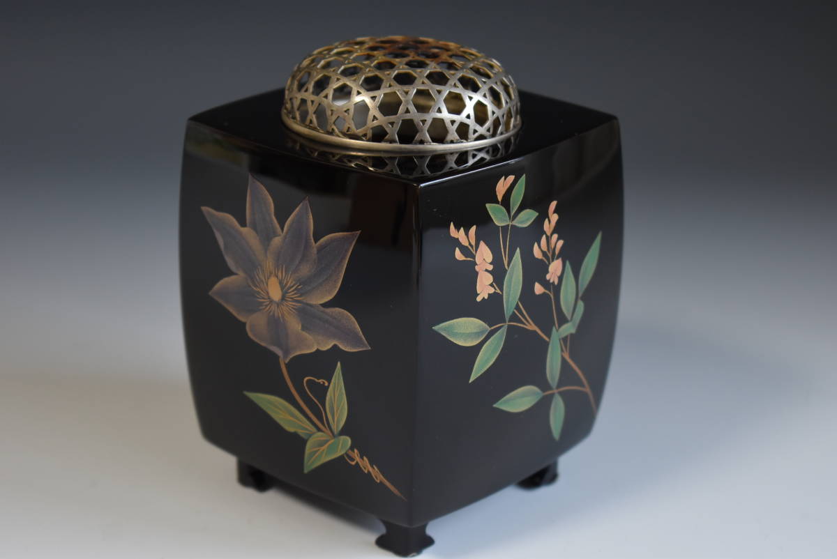 輪島塗】 蒔絵師 高名光夫 四季草花 香炉 銀網火屋 漆芸 工芸品